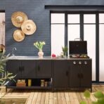 Cuisine d'extérieure 2 modules avec barbecue gaz 3 brûleurs sur pieds, thermomètre – Image 2
